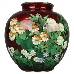 Antique Japanese Oxblood Cloisonne Ginbari Vase, Floral Decoration, circa 1900