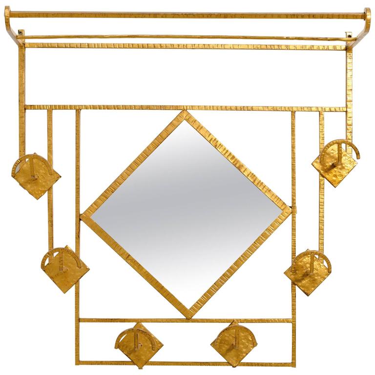 Art Deco Style Gilt Iron Coat Rack with Mirror For Sale at 1stDibs