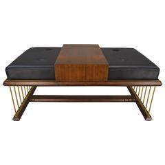 Regency Tufted Leather Adjustable Bench with Brass Supports and Mahogany Frame