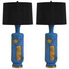 Pair of Mid-Century Electric Blue Pottery Lamps 6