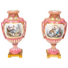 19th Century Pair of French Ormolu-Mounted Pink Sevres Vases