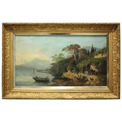 Antique Italian School Oil on Canvas Coastal Sea and Village Scene, circa 1880
