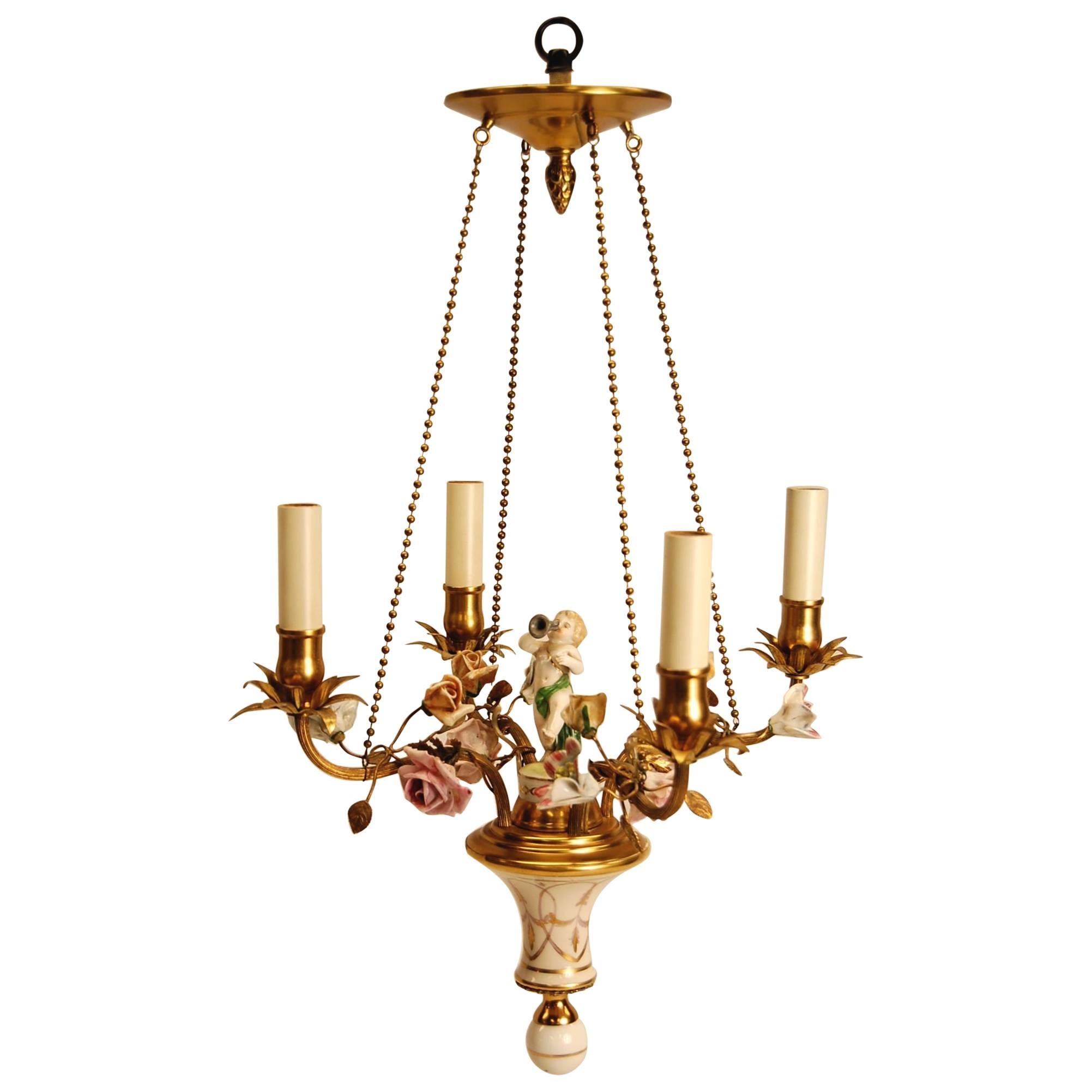 French Gilt Metal Chandelier with Hand-Painted Flowers, Early 20th Century