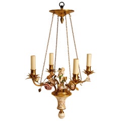 French Gilt Metal Chandelier with Hand-Painted Flowers, Early 20th Century