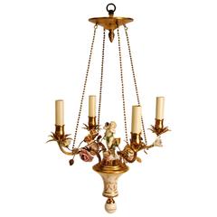 French Gilt Metal Chandelier with Hand-Painted Flowers, Early 20th Century 4