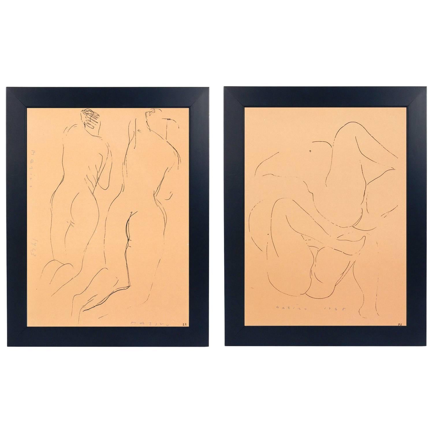 Paire de lithographies figuratives d'hommes nus par Marino Marini