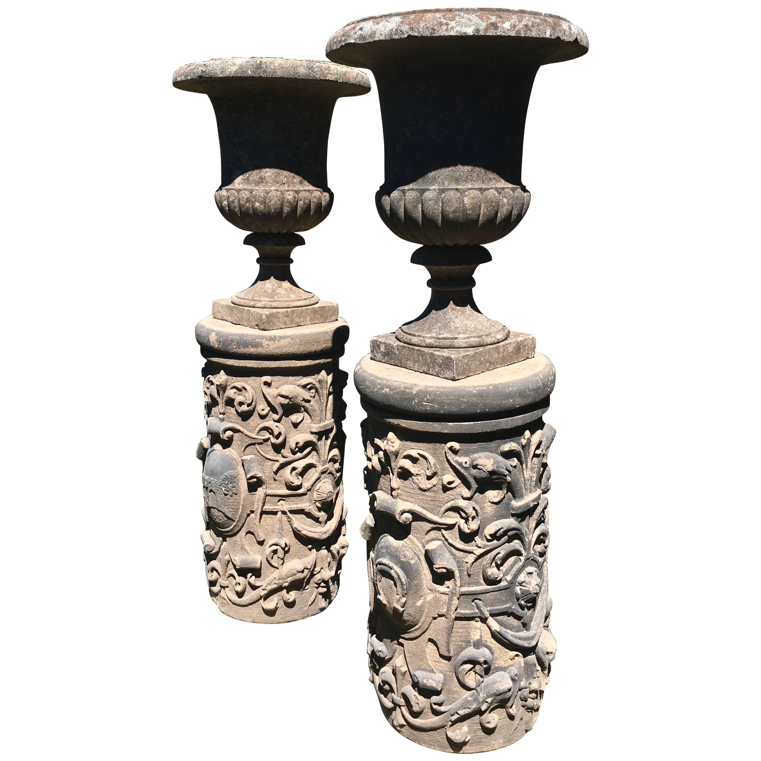 Pair of Tall English Cast Stone Urns on Exceptional 19th C Carved Pedestals For Sale