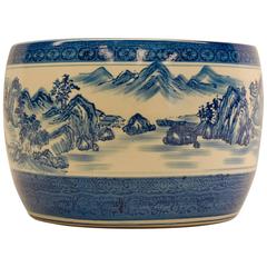 Chinese Blue and White Glazed Circular Terracotta Planter, circa 1985