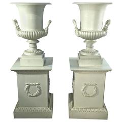 Pair of 19th Century French Cast Iron Masked Urns on Tall Plinths 11