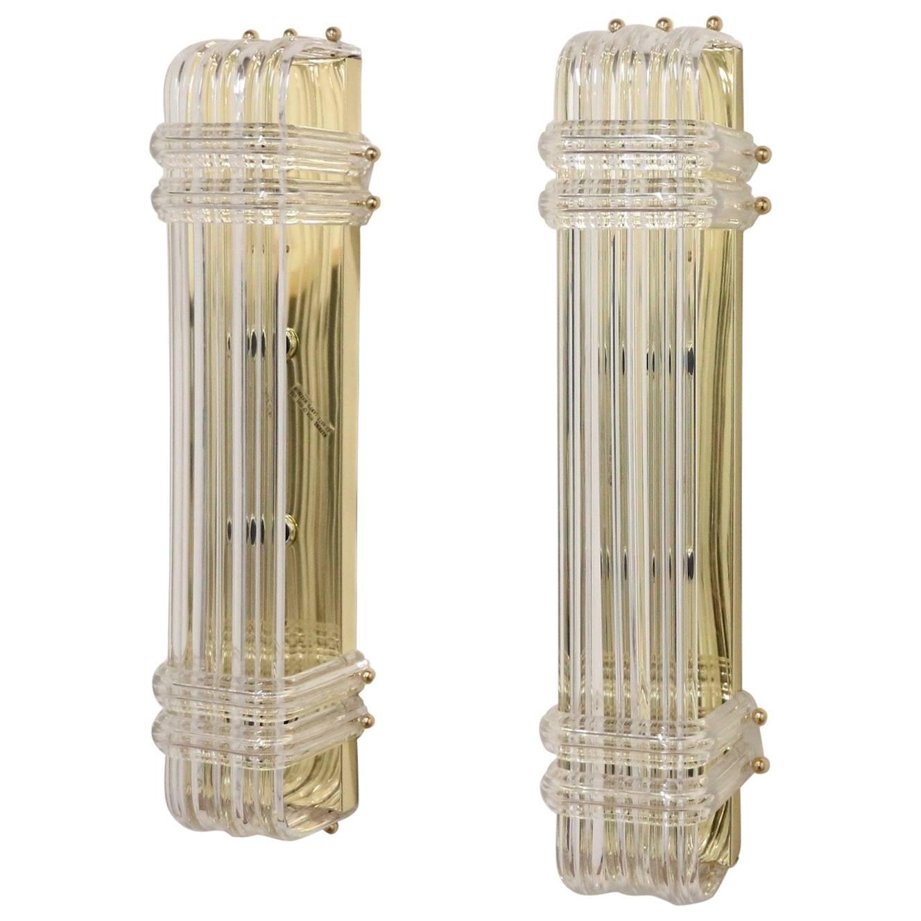 Pair of Mid-Century Modern Lucite Ribbon Sconces on Brass