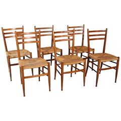 Set of Six Mid-Century Modern Wood Woven Cord Dining Side Chairs