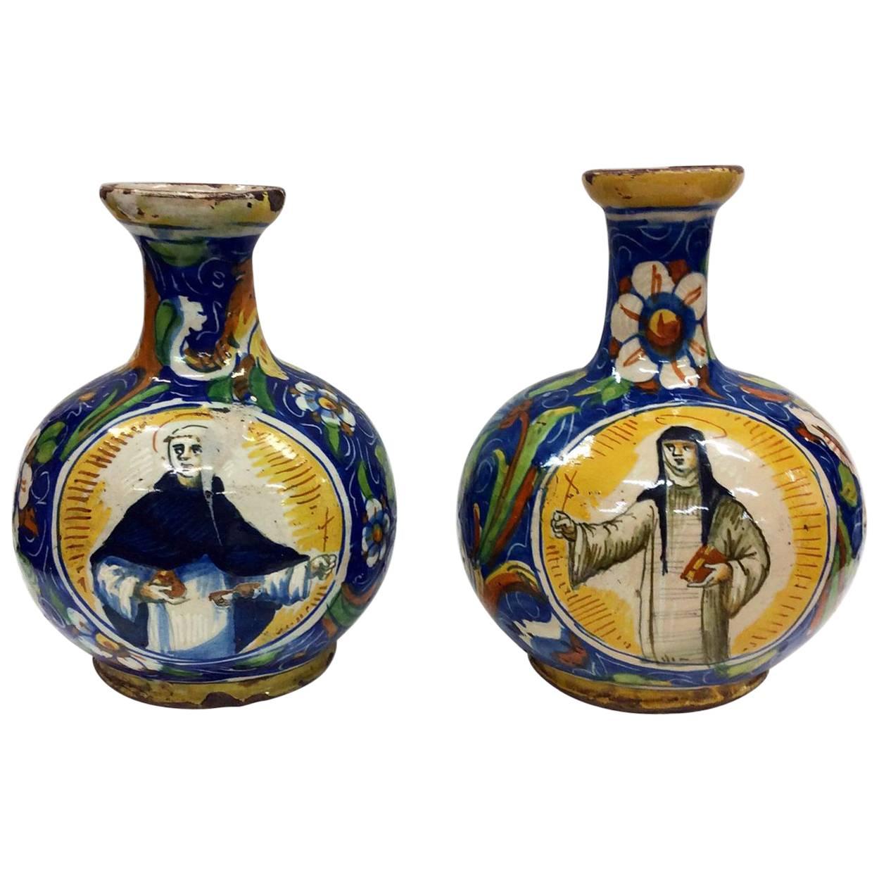Pair of 17th Century Maiolica Vases Featuring Dominican Saints For Sale