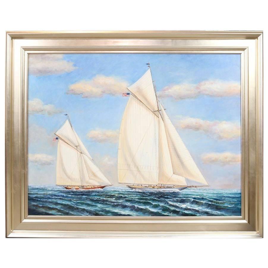Oil on Canvas of Two Gaff Rigged Yachts in Race