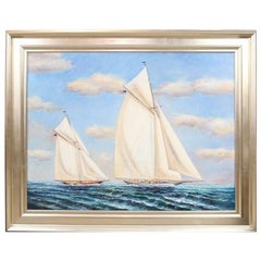 Vintage Oil on Canvas of Two Gaff Rigged Yachts in Race