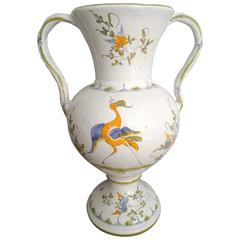 French Hand-Painted Faience Tall Vase Signed Moustiers 5