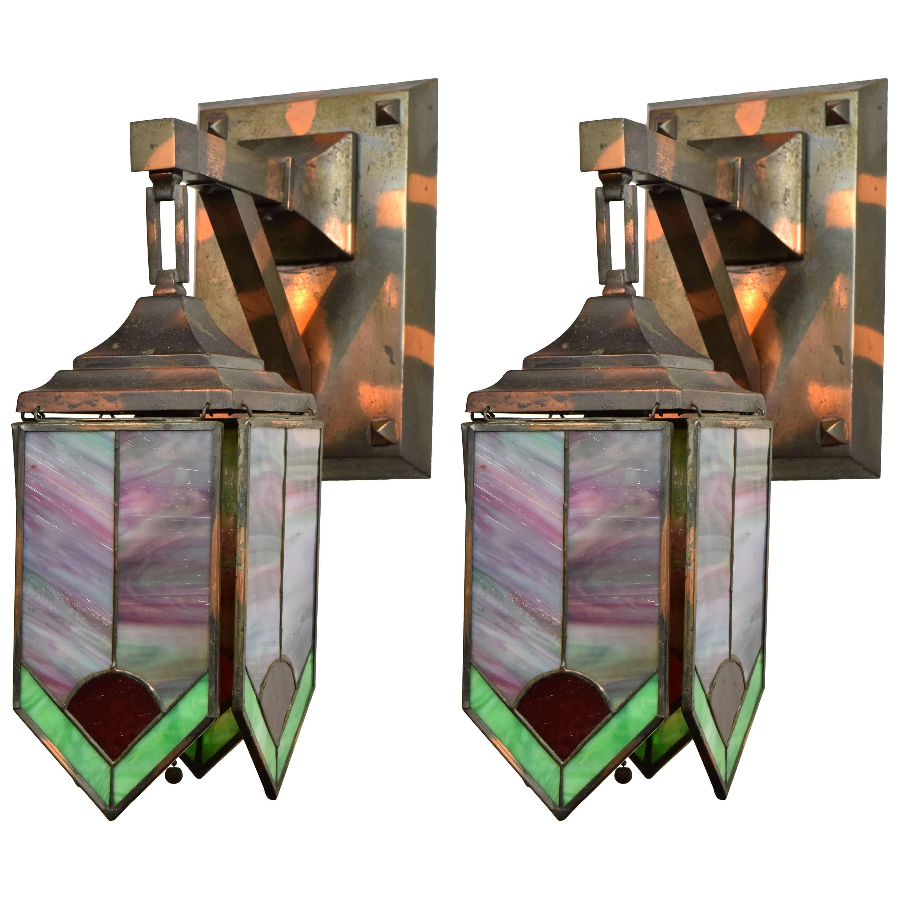 Gilt and Satin Mission Sconce with Stained Glass Panels