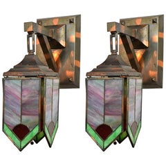 Gilt and Satin Mission Sconce with Stained Glass Panels