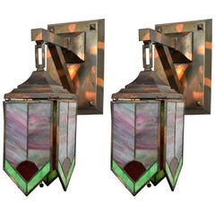 Gilt and Satin Mission Sconce with Stained Glass Panels