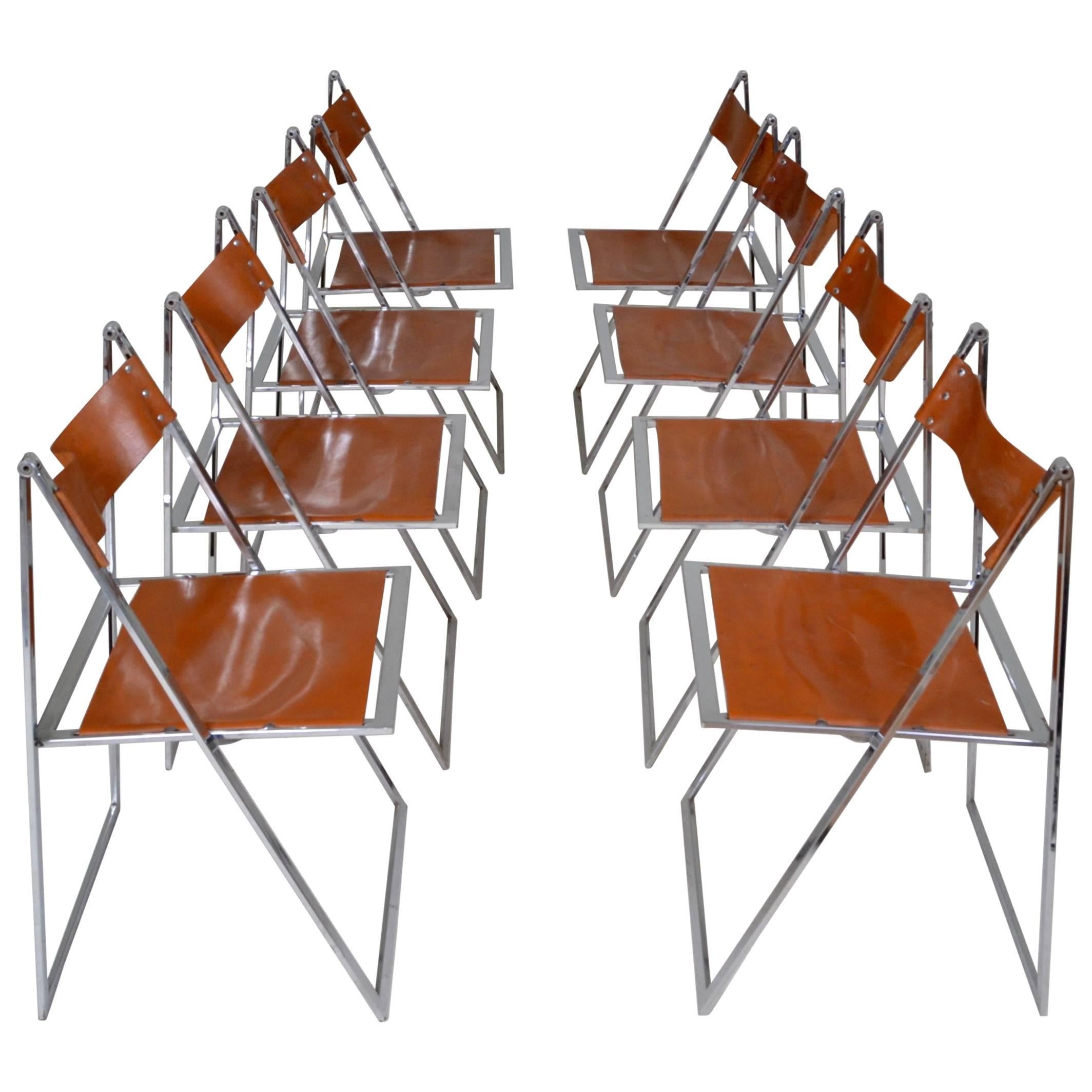 Set of Eight Leather and Chrome Vono Lubke Dining Chairs, Germany, circa 1970 For Sale