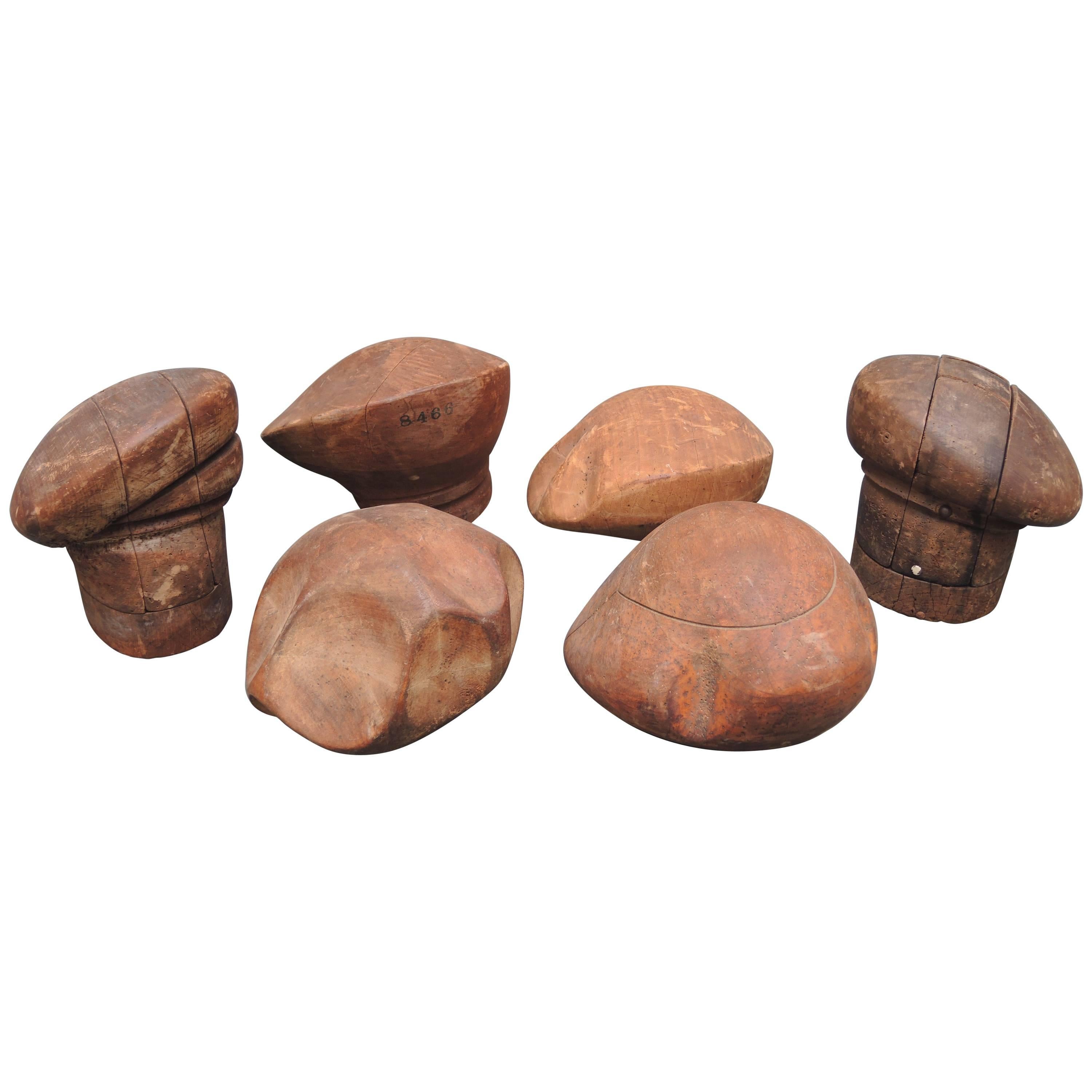 Collection of Six French Wood Milliner Hat Block Forms For Berets Circa 1920 For Sale