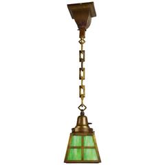 Antique Brass Mission Pendant with Green Slag Glass