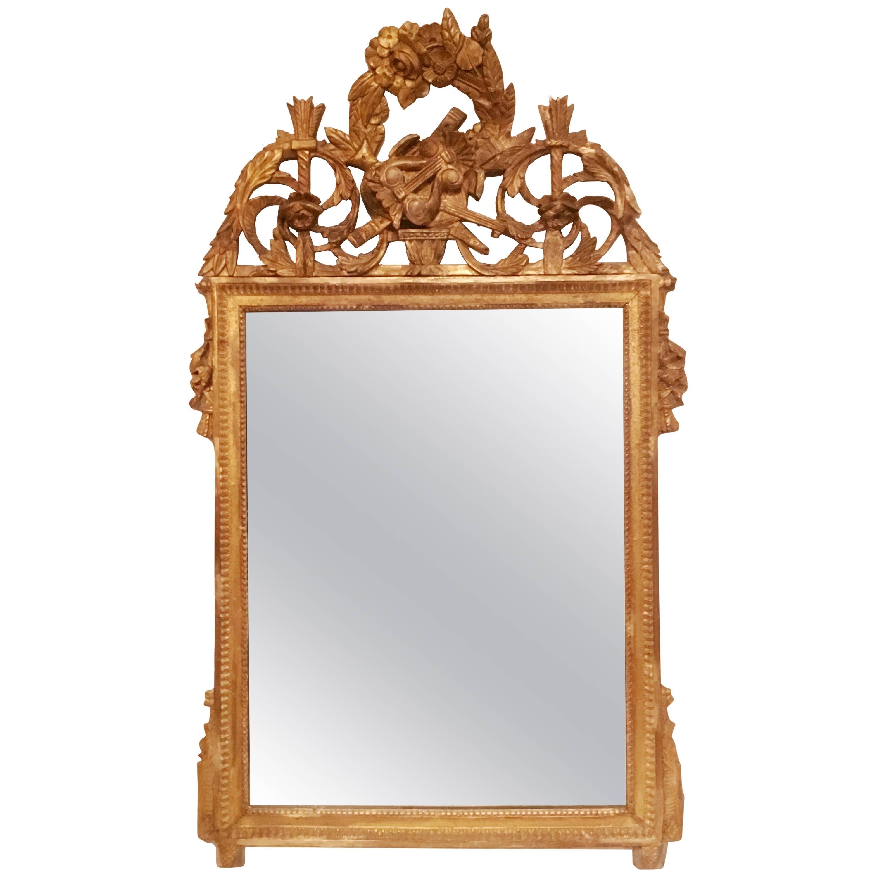 Late 18th Century French Neoclassical Giltwood Mirror Looking Glass with Crown