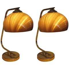 Pair of Vintage Brass Table Lamps Spun Fiberglass Shades, 1960s