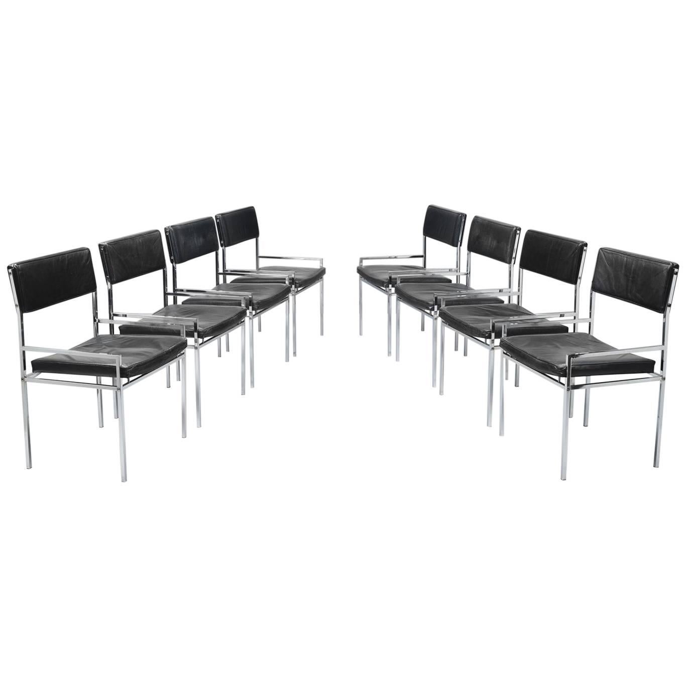 Set of Eight Poul Nørreklit Armchairs in Leather and Steel
