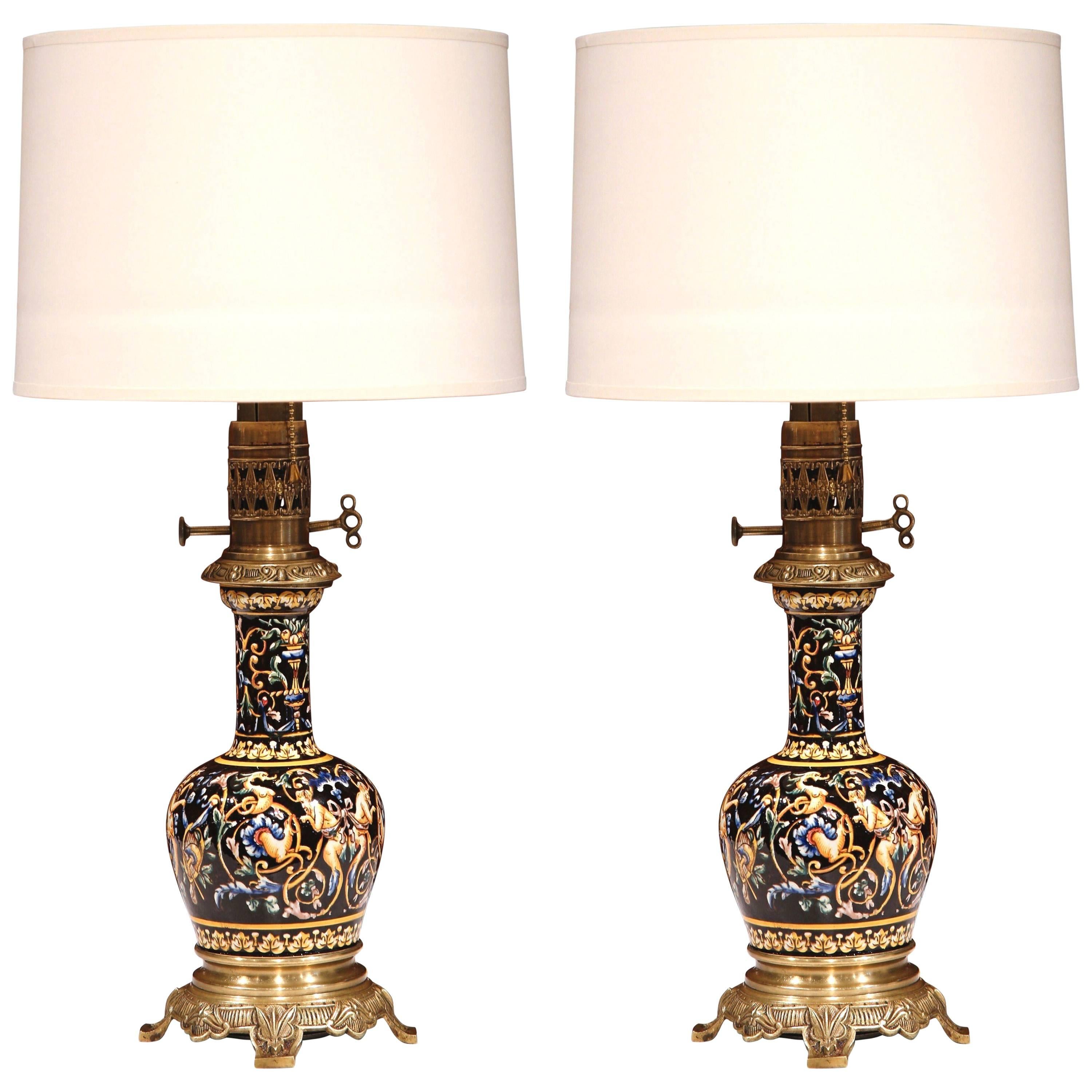 Pair of 19th Century French Hand-Painted Porcelain Oil Lamps with Bronze Mounts