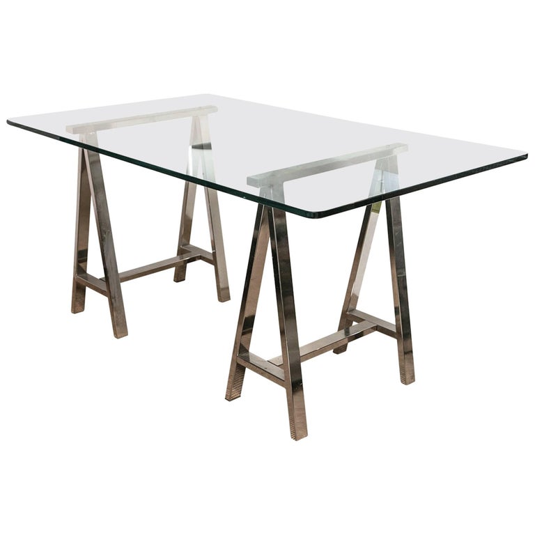 Chrome Saw Horse Leg Desk with Glass Top