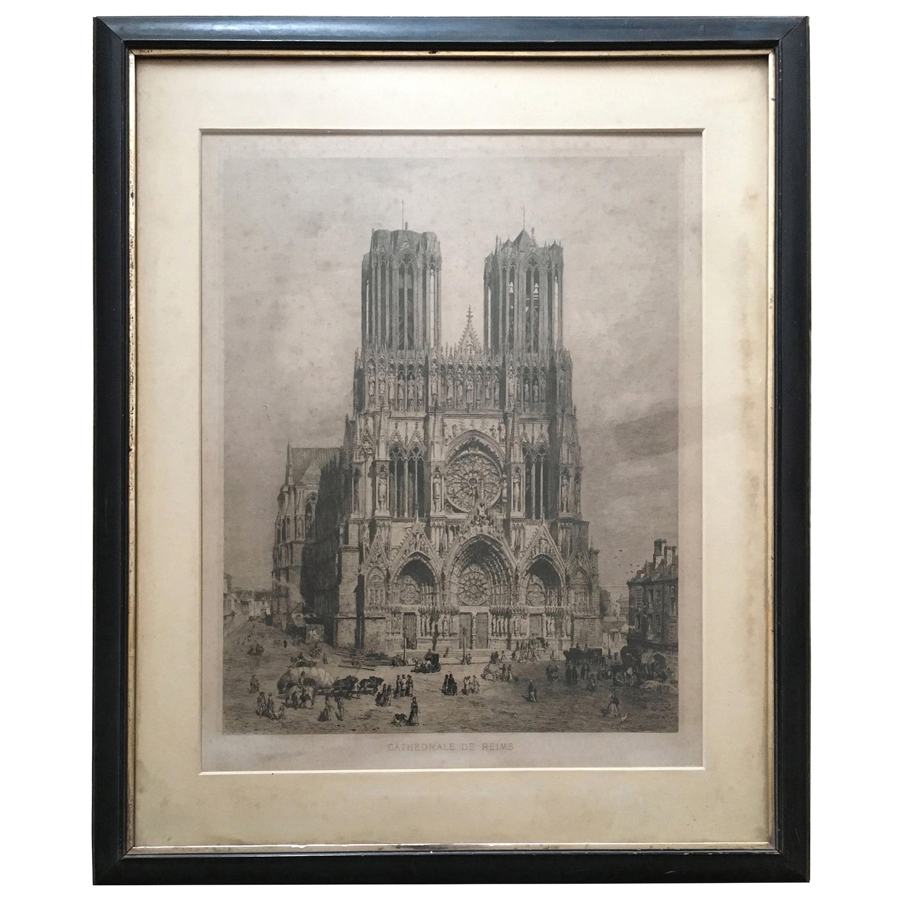 19th Century Engraving of "Cathedrale de Reims" For Sale