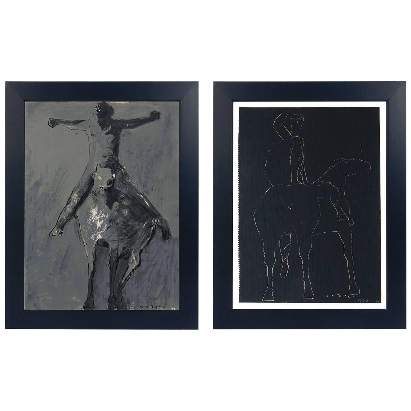 Pair of Horse and Rider Lithographs by Marino Marini For Sale