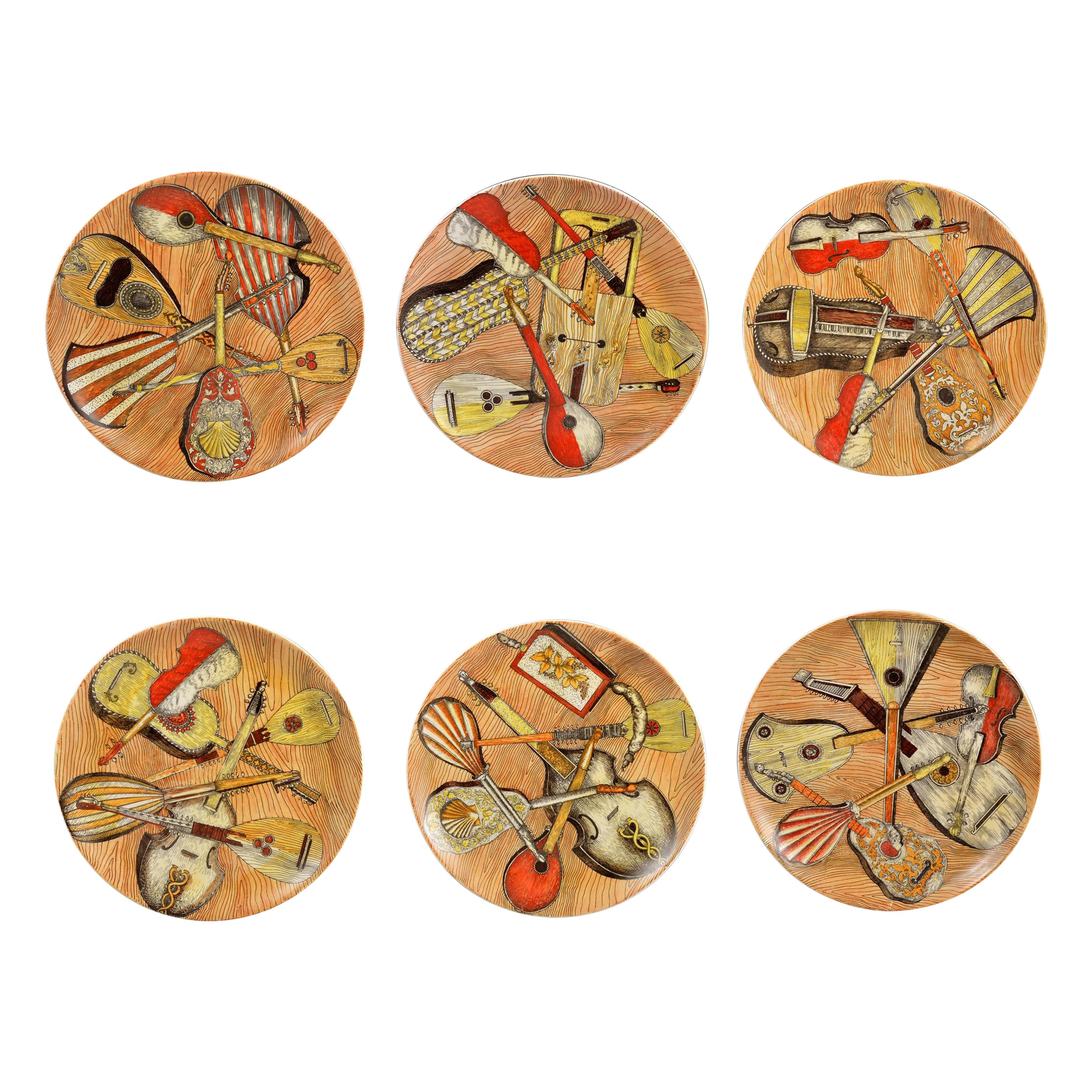Piero Fornasetti Strumenti Musicali Ceramic Plates, Set of Six