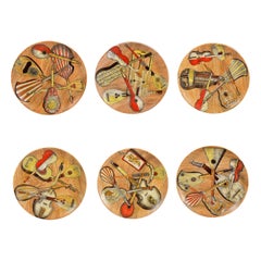 Used Piero Fornasetti Strumenti Musicali Ceramic Plates, Set of Six