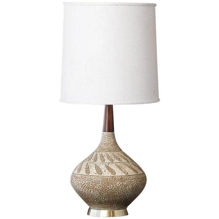 Pair Of Christopher Spitzmiller Gourd Table Lamps With Gany Base Ceramic Gourd Lamp With Teak Neck And Brass Base