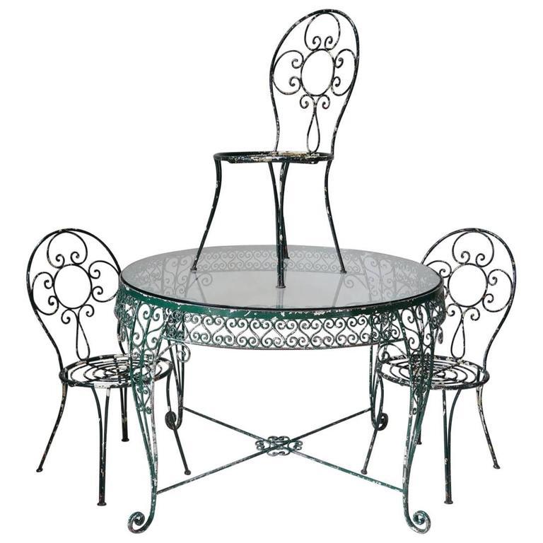 Lovely French 1930s Wrought Iron And Wood Garden Table With Four Intricately Wrought Iron Garden Chair And Table Set France 1950s