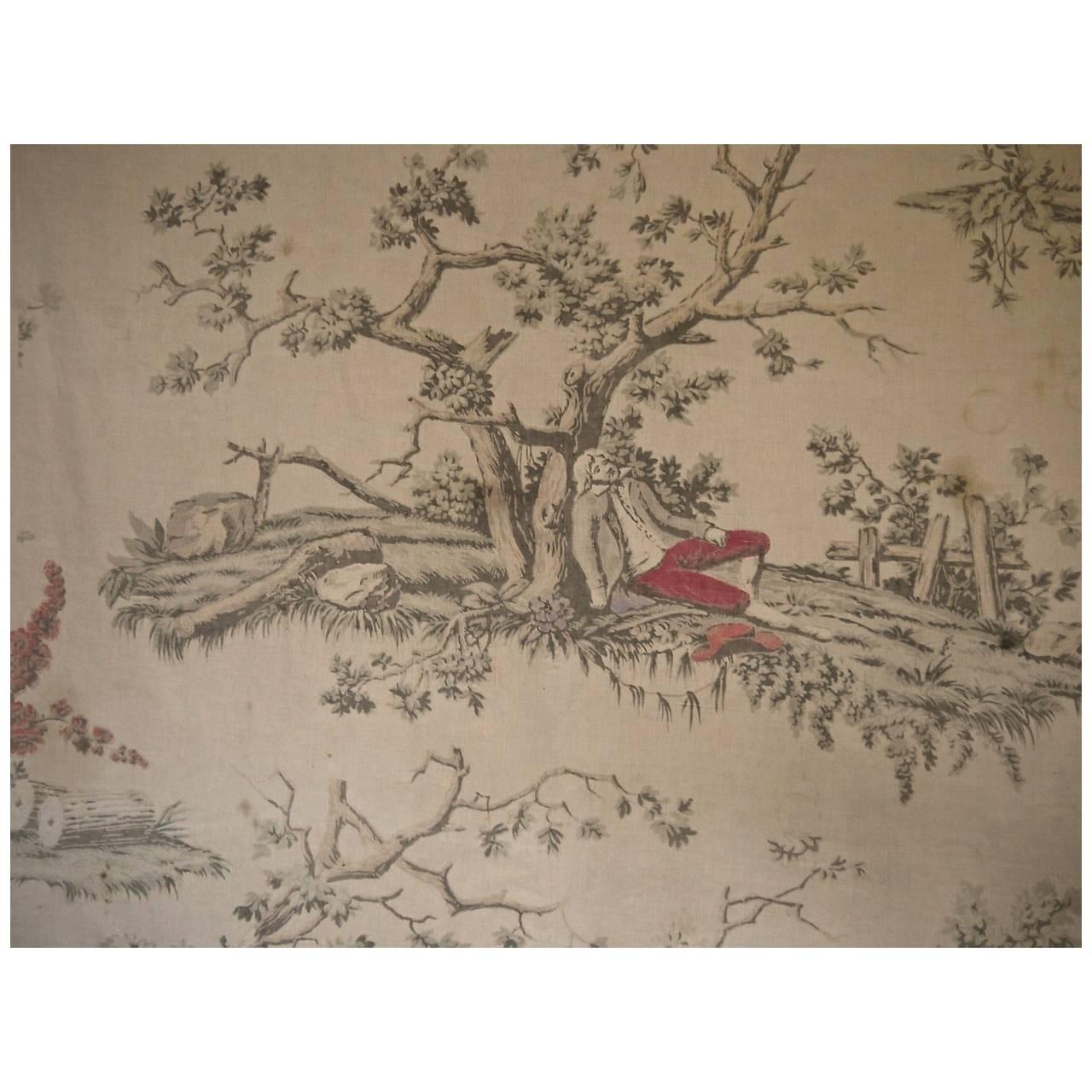 19th Century Antique French Toile Sleeping Figure Faded Linen For Sale
