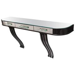 Art Deco Mirrored and Black Lacquer Wall Console With Drawers
