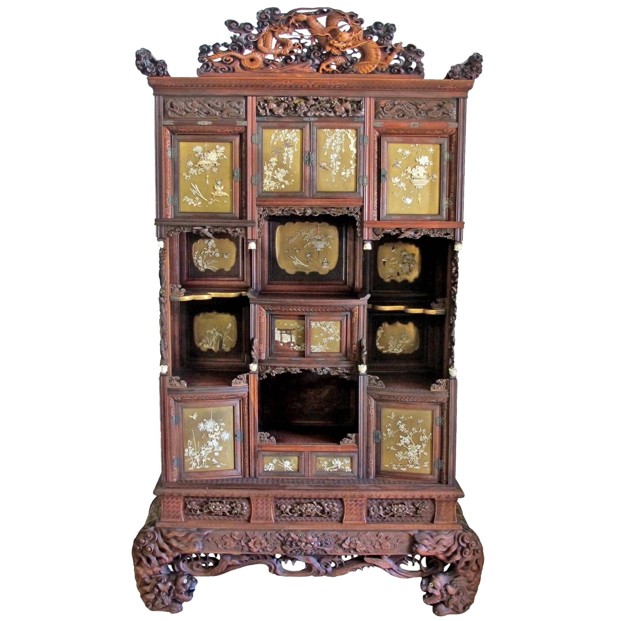 Japanese Carved and Lacquered Shibayama Cabinet, Meiji Period  For Sale