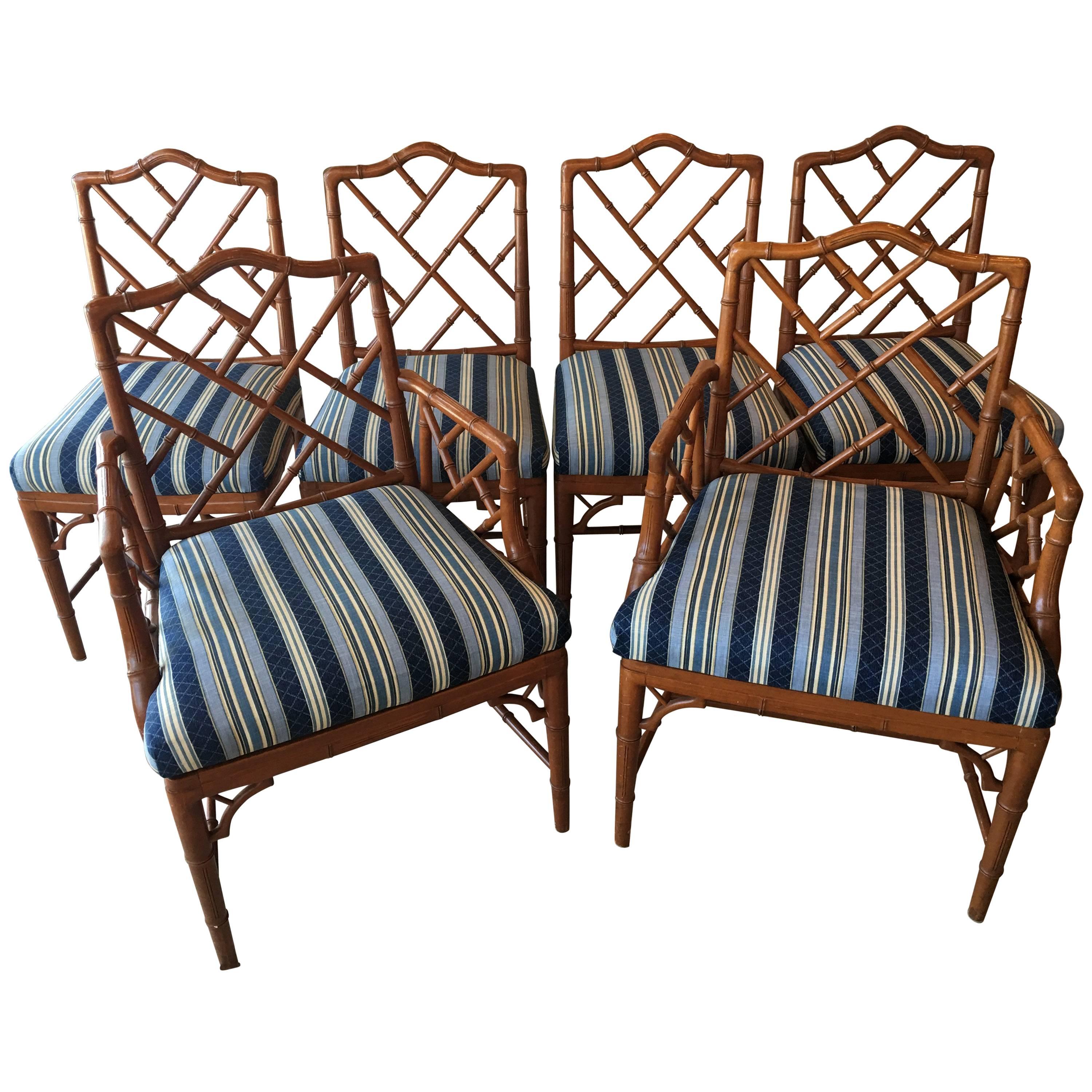 Faux Bamboo Chinese Chippendale Set of Six Dining Chairs, Chinoiserie