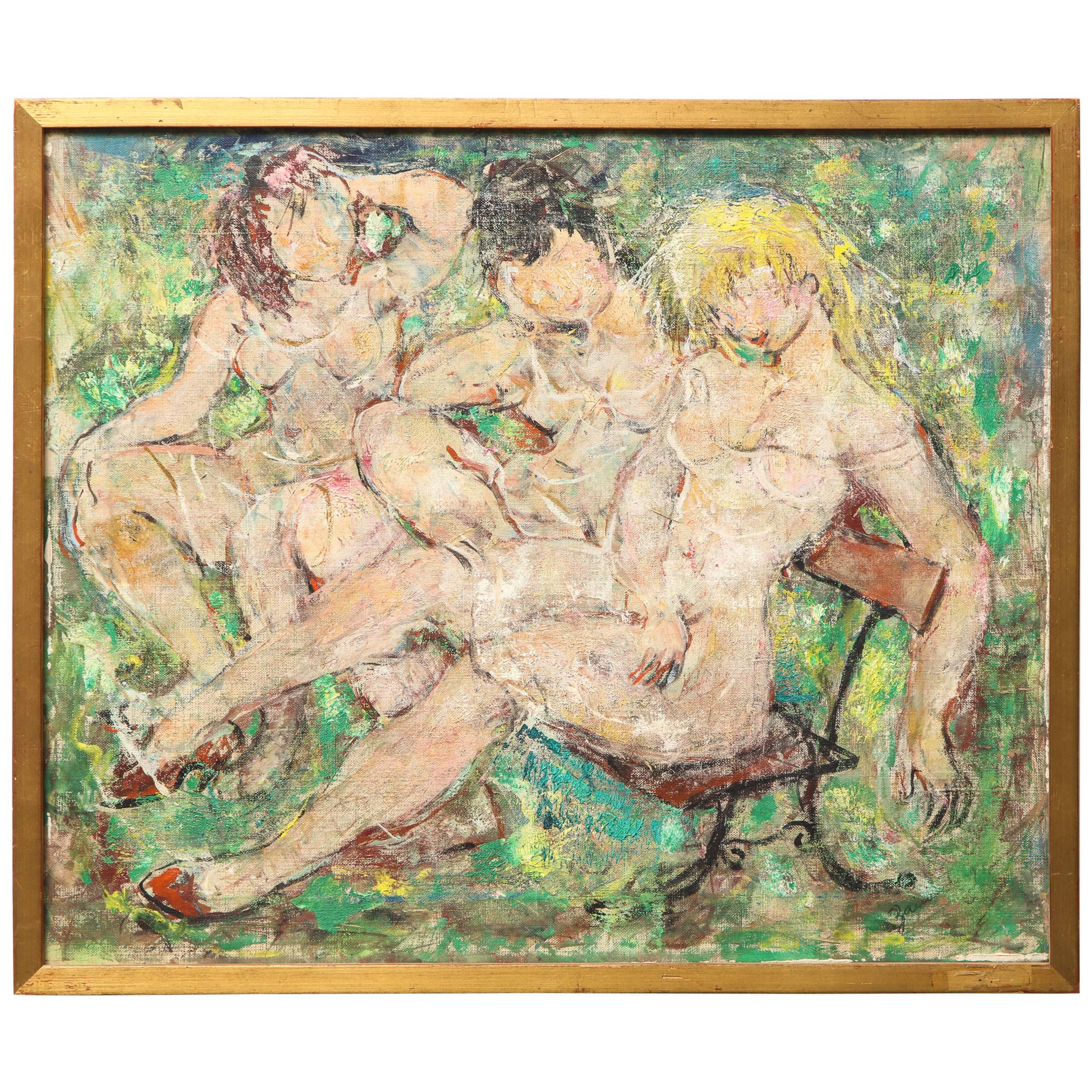 Three Nudes on a Park Bench Oil on Canvas For Sale