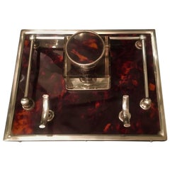 Vintage Red Tortoise and Sterling Silver Ink Well with Gallery