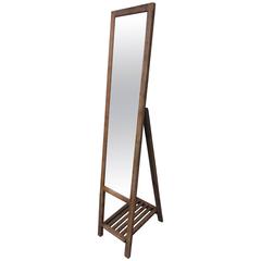 Foldable Standing Mirror in Oak with Slatted Shelf