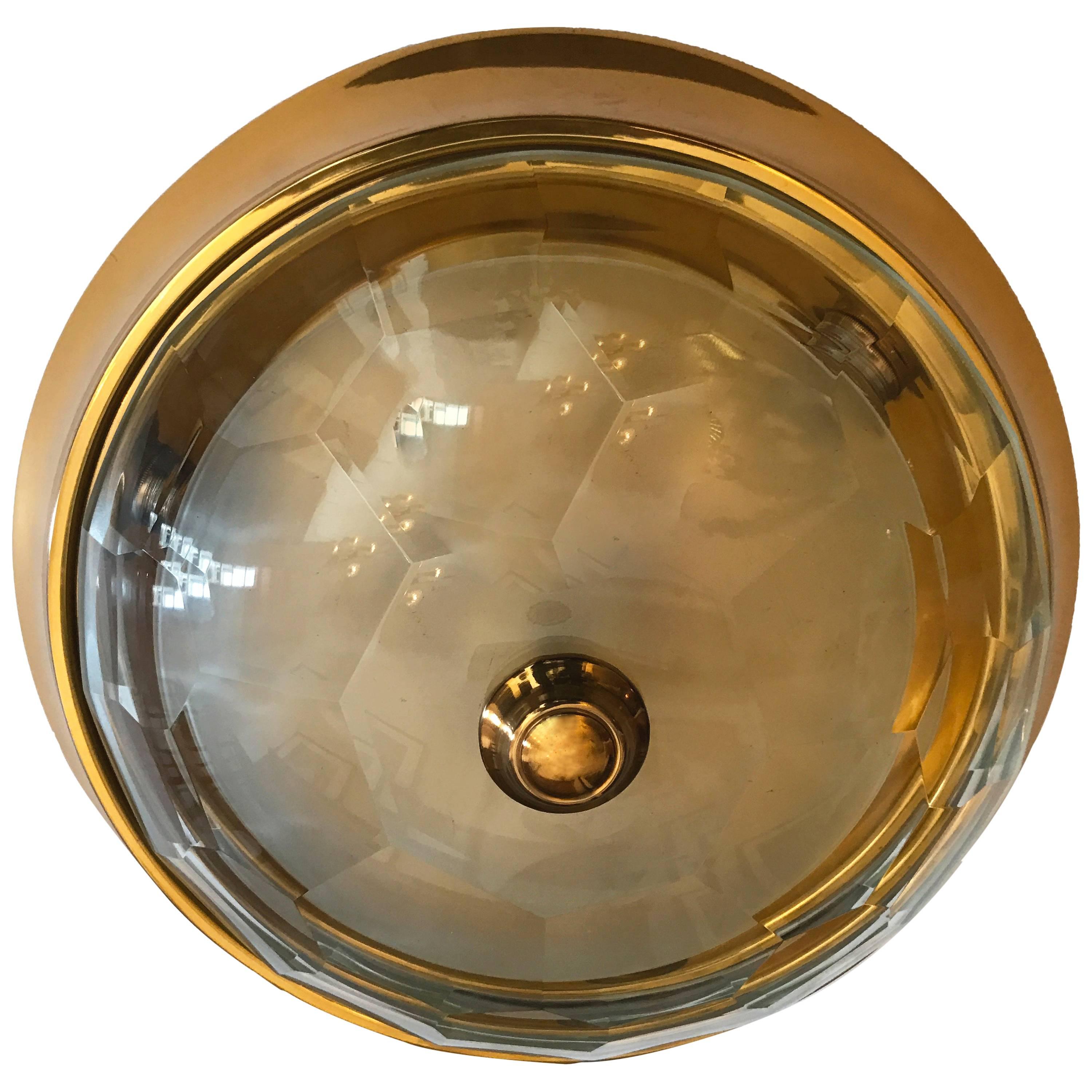 Oscar Torlasco Gold Crystal 1960s Flush Ceiling Light
