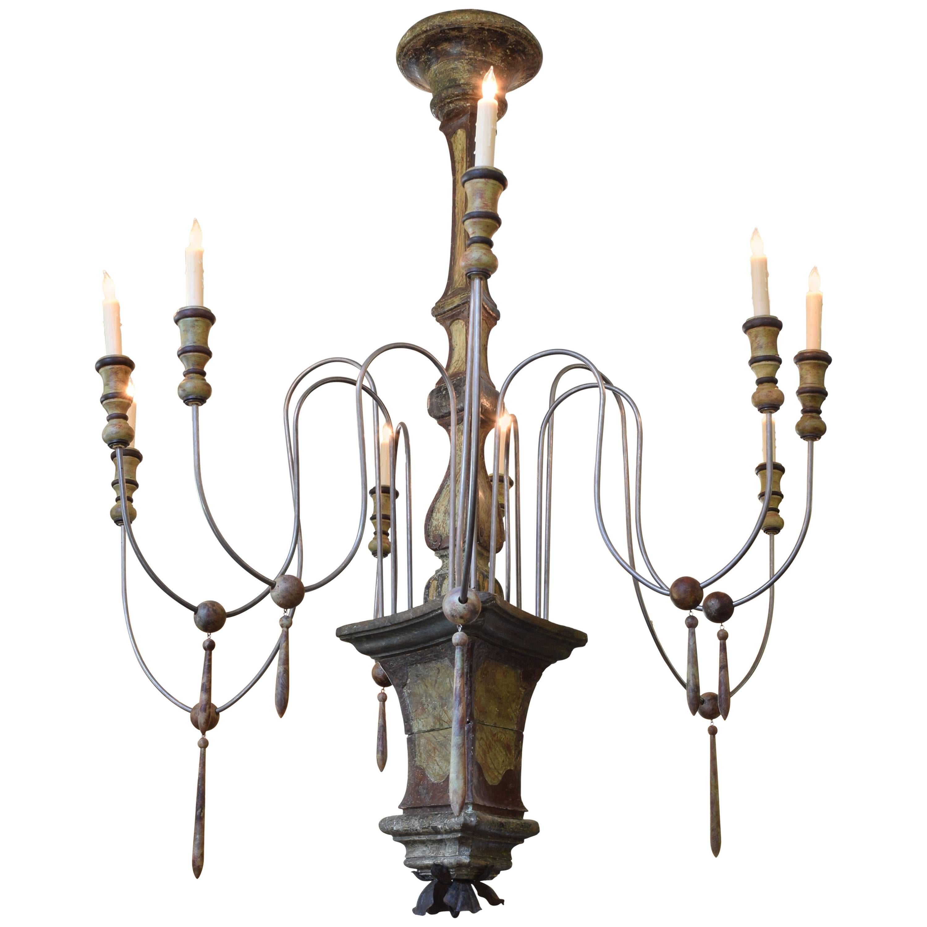 Large Italian Rococo Faux Marble Painted Nine-Light Chandelier, UL Wired