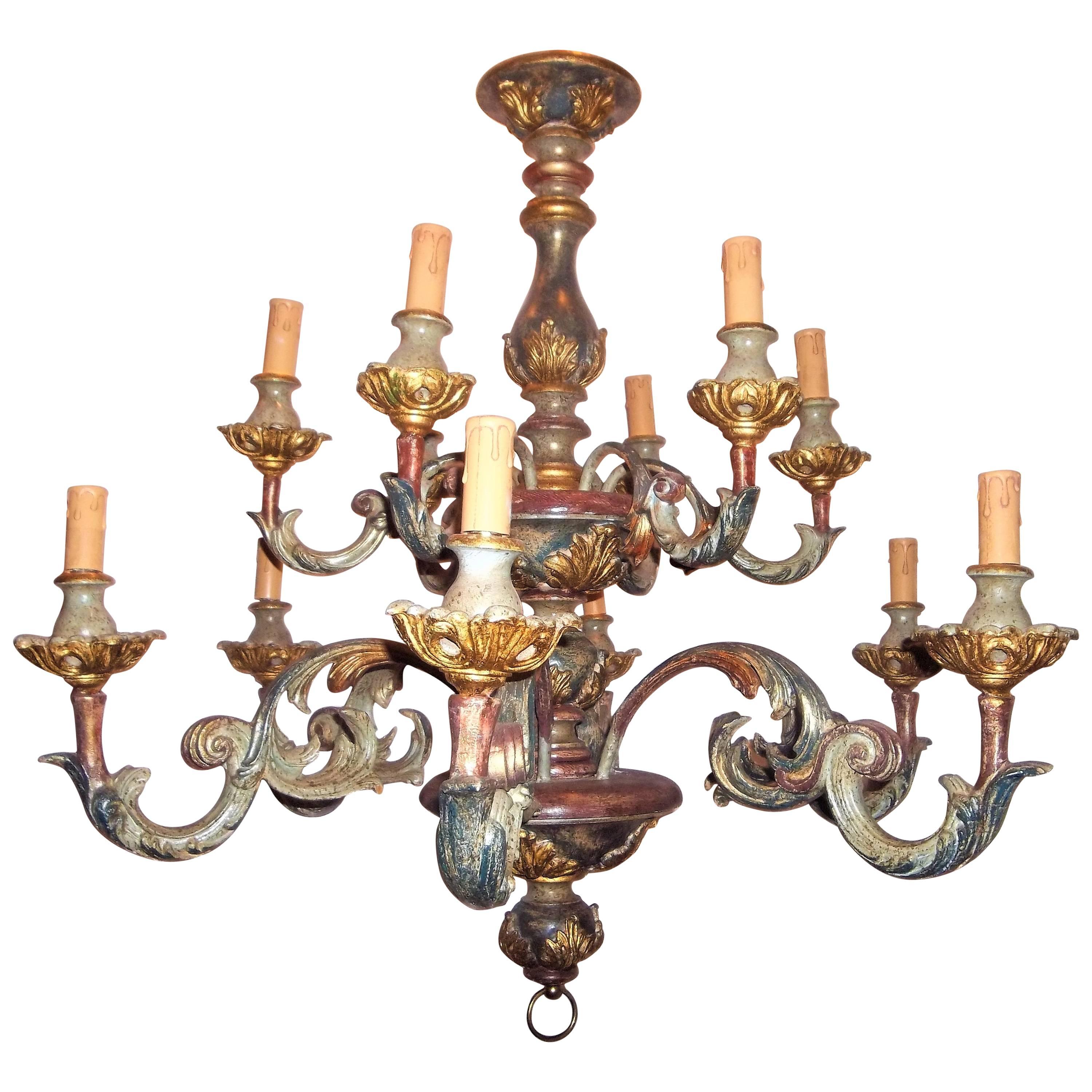 Carved Painted Venetian Rococo Style Chandelier with Gilt Highlights