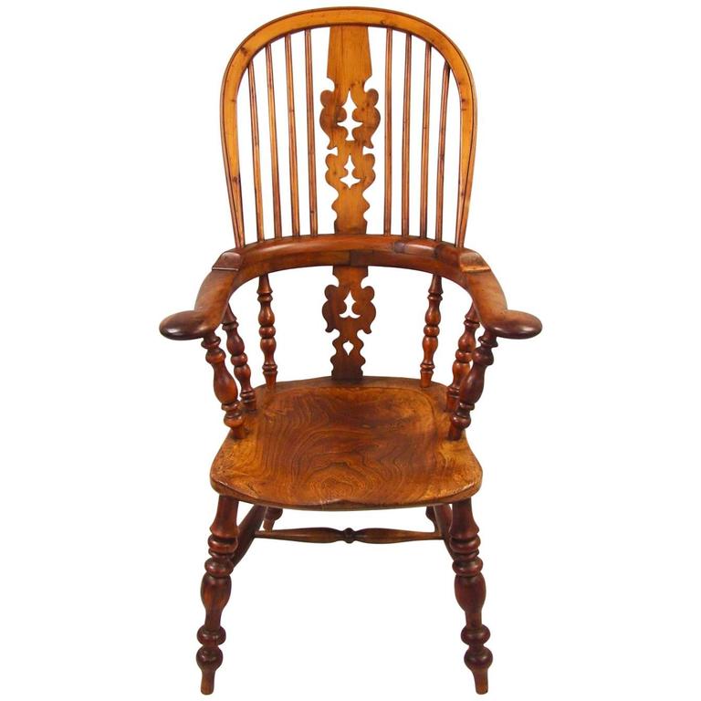 Yew Wood Broad Arm High Back Windsor Chair at 1stDibs