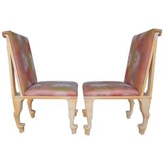 Amazing 1980s Glam Pair of Side Chairs with Silk Ikat and Animal Feet Legs 3