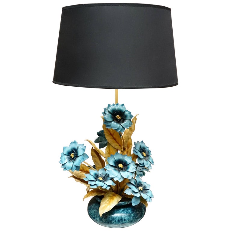 Two Metal Painted Flower Table Lamps For Sale at 1stDibs