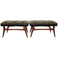 Pair of Mid-Century Danish Modern Teak Benches with Black Leatherette Seats